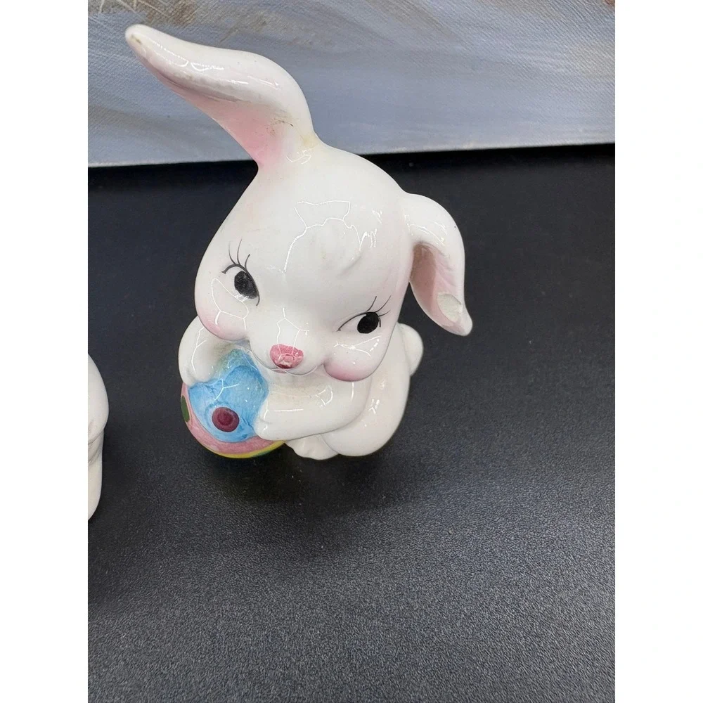 Vintage Frankel Ceramic Easter Bunny Figurines Set of 2 White Rabbit Taiwan 4